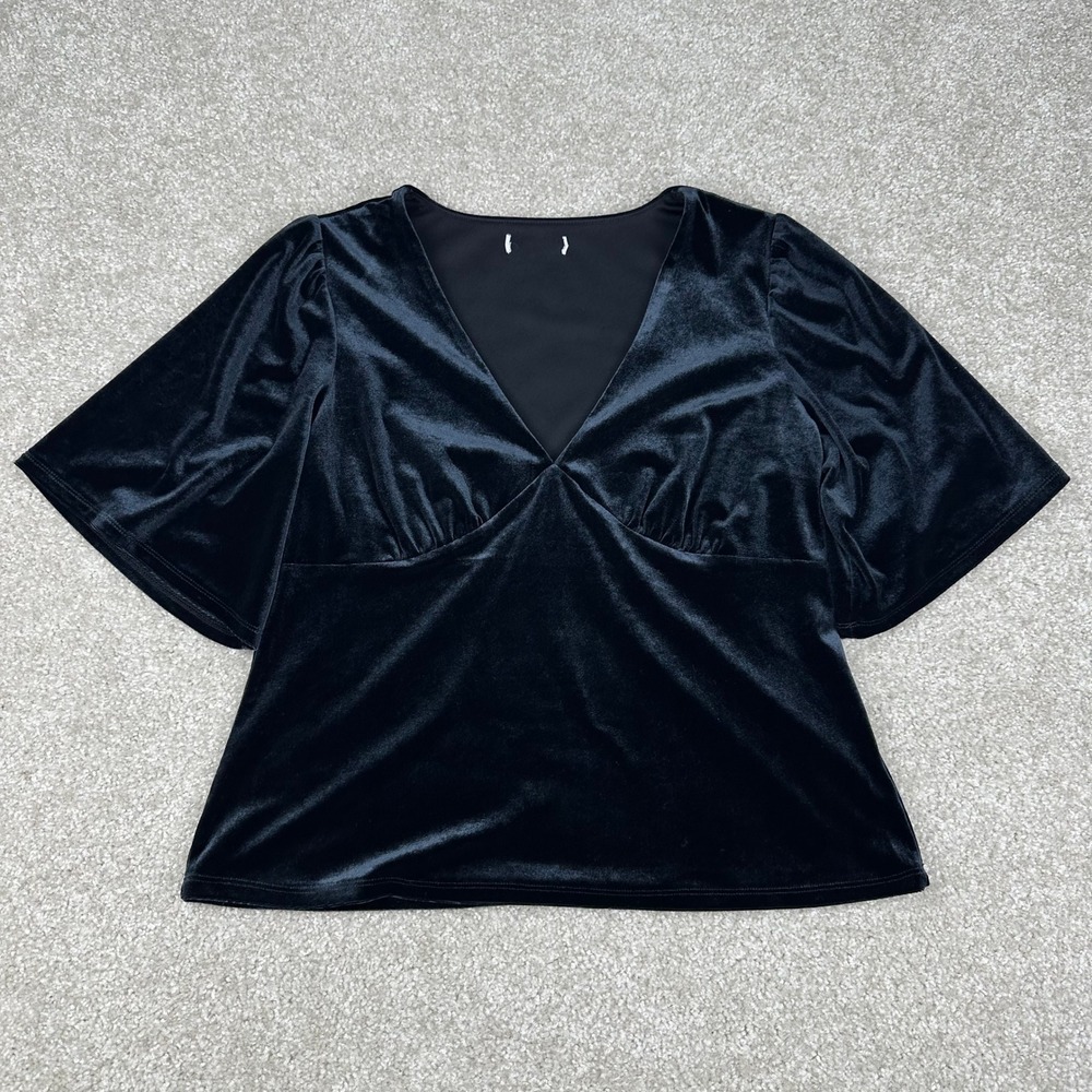 Black Velvet Empire Waist Top Flutter Sleeve V-Neck Large Whimsigoth Y2K style